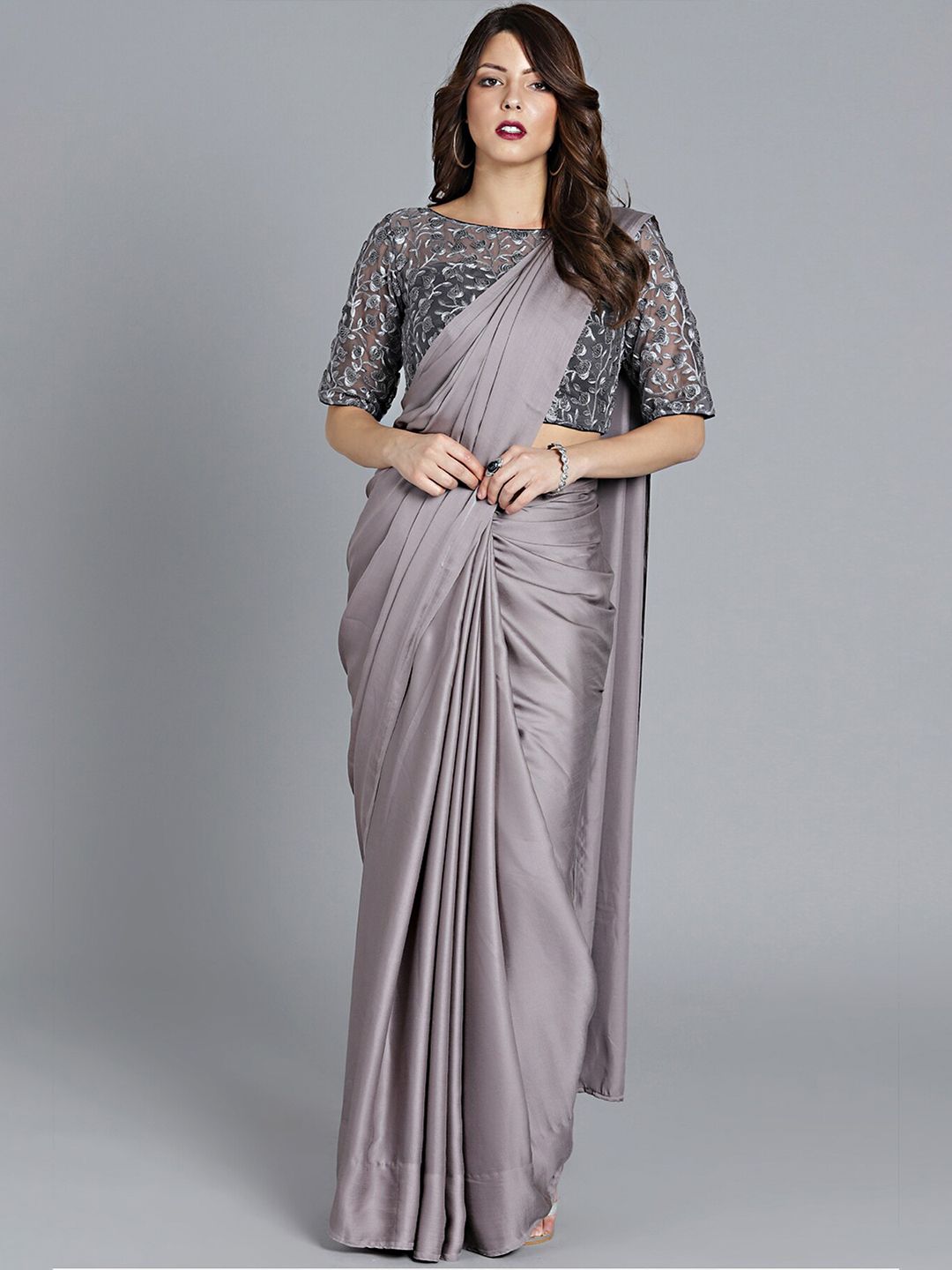 Mitera Silver-Toned Satin Saree Price in India