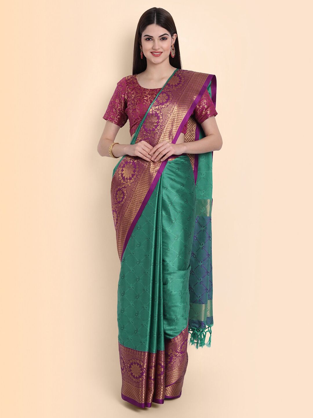 Mitera Green & Purple Woven Design Zari Silk Cotton Mysore Silk Saree Price in India