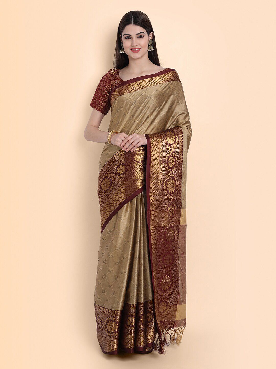 Mitera Beige & Maroon Paisley Zari Silk Cotton Mysore Silk Saree Price in India