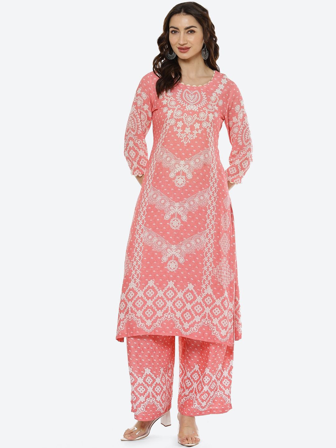 Biba Women Pink & White Ethnic Motifs Printed Kurta Price in India