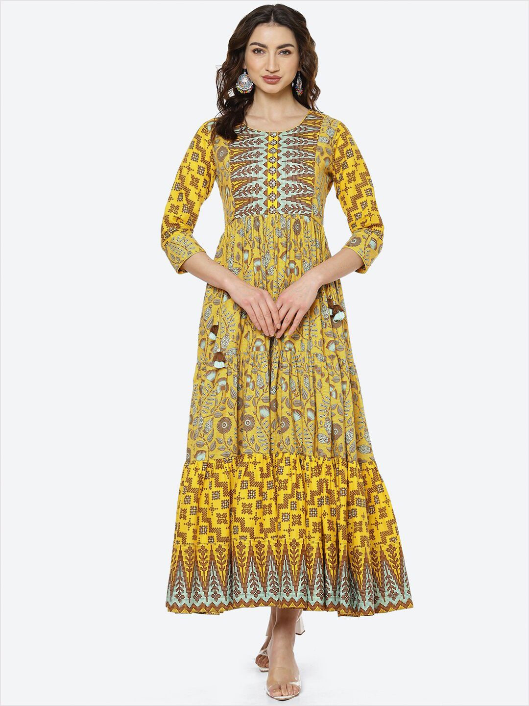 Biba Mustard Yellow Ethnic Motifs Ethnic Maxi Dress Price in India