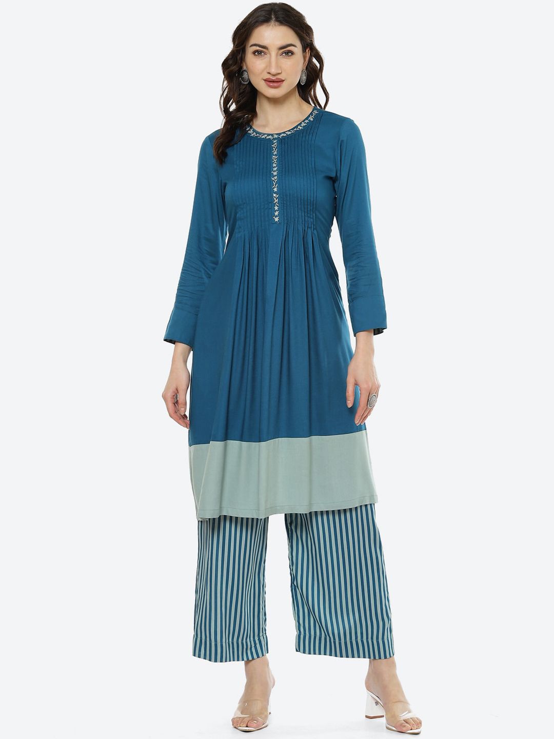 Biba Women Teal Kurti with Palazzos Price in India