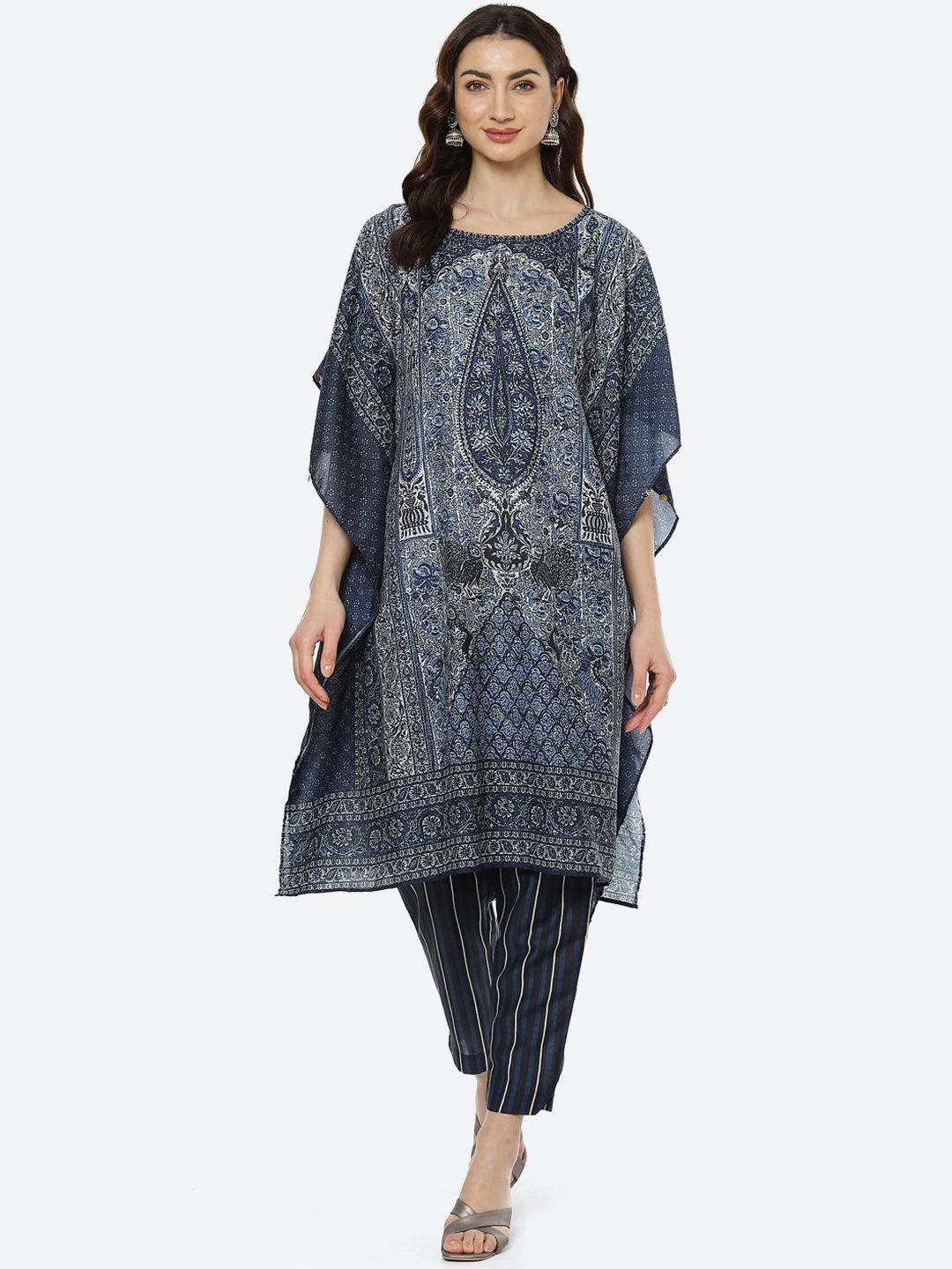 Biba Women Navy Blue Ethnic Motifs Printed Kaftan Kurti With Trousers Price in India