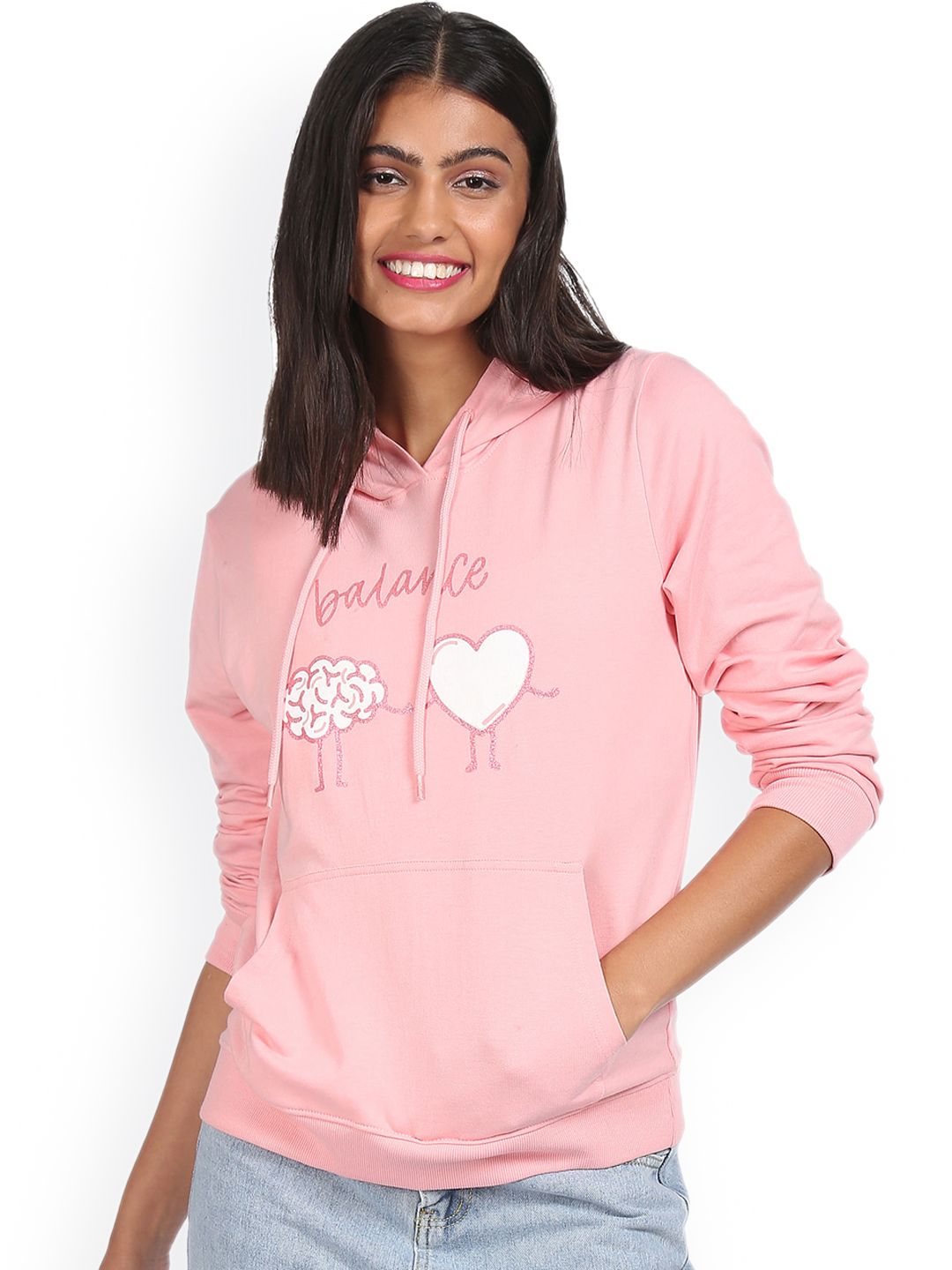 Sugr Women Pink Long Sleeve Graphic Print Hooded Sweatshirt Price in India