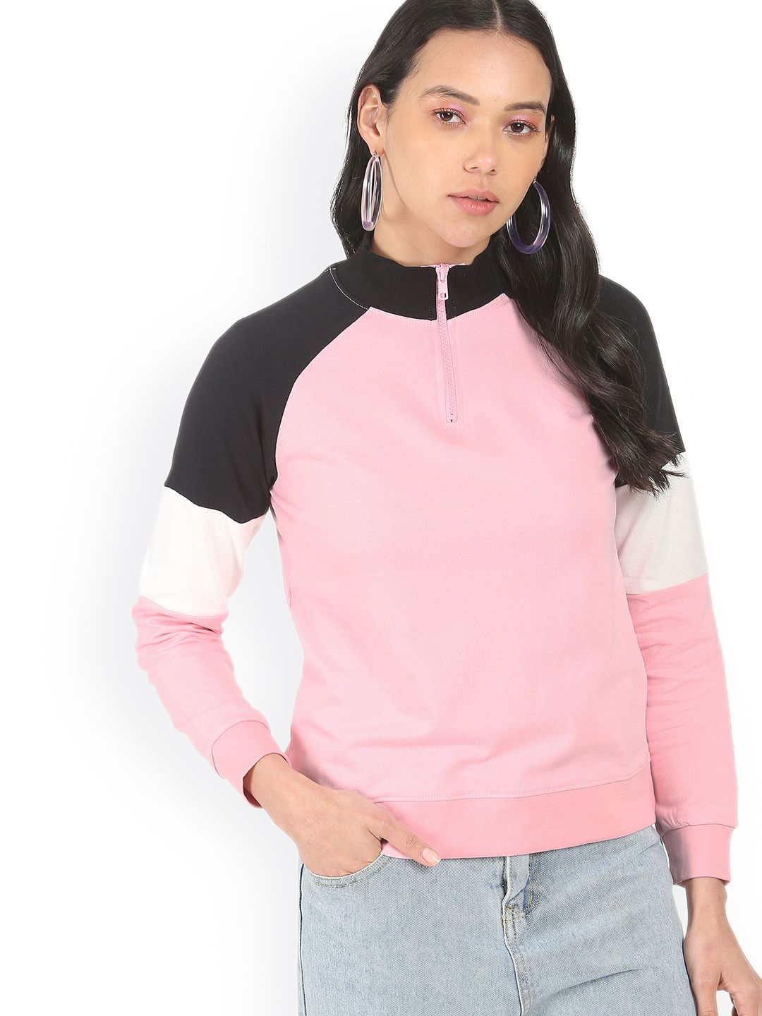 Sugr Women Pink & Black Colourblocked Raglan Sleeves Pure Cotton Sweatshirt Price in India