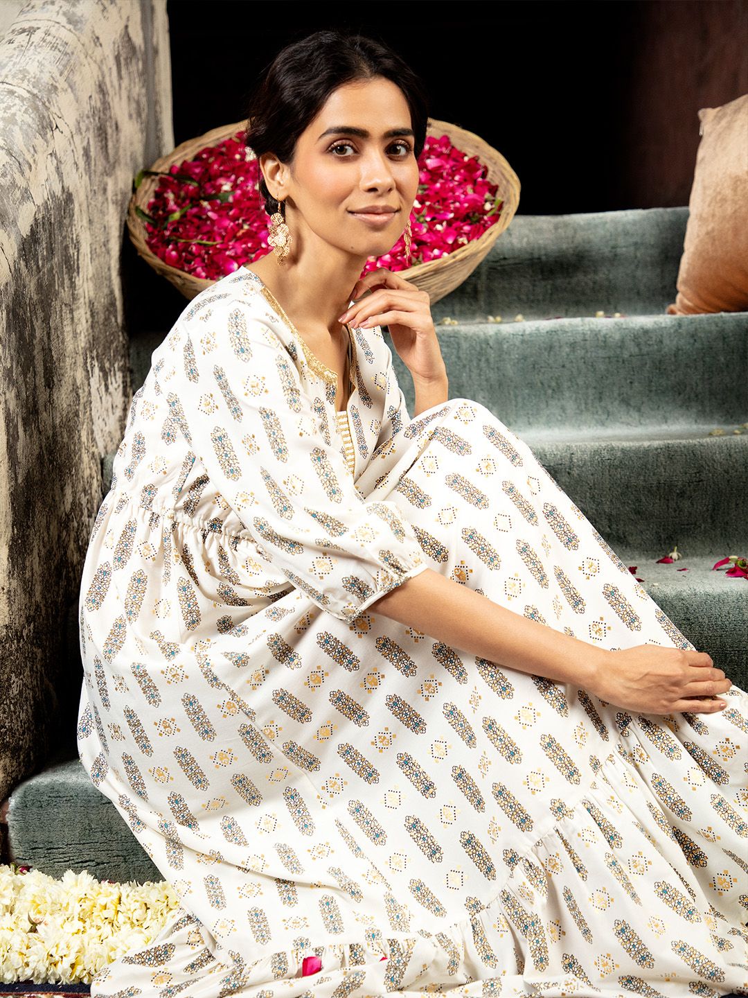 AURELIA Off White & Gold-Toned Printed Ethnic Midi Fit & Flared Dress Price in India
