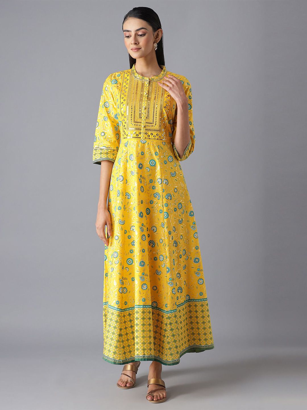 AURELIA Yellow & Green Ethnic Motifs Pure Cotton Maxi Dress Price in India