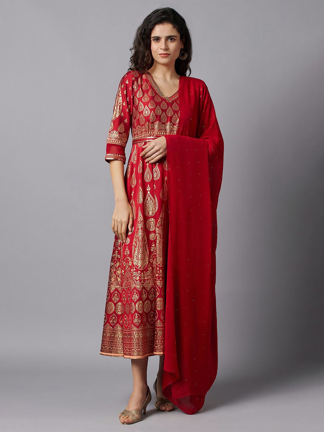 AURELIA Red Ethnic Motifs Printed Maxi Dress with Dupatta Price in India