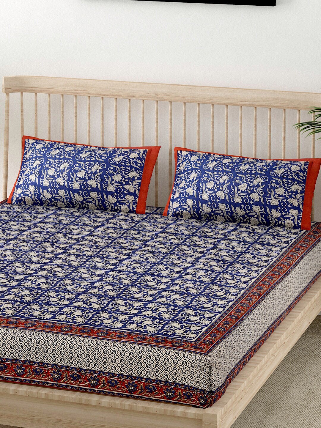 EK BY EKTA KAPOOR Blue & Beige Floral 180 TC Pure Cotton King Bedsheet with 2 Pillow Covers Price in India