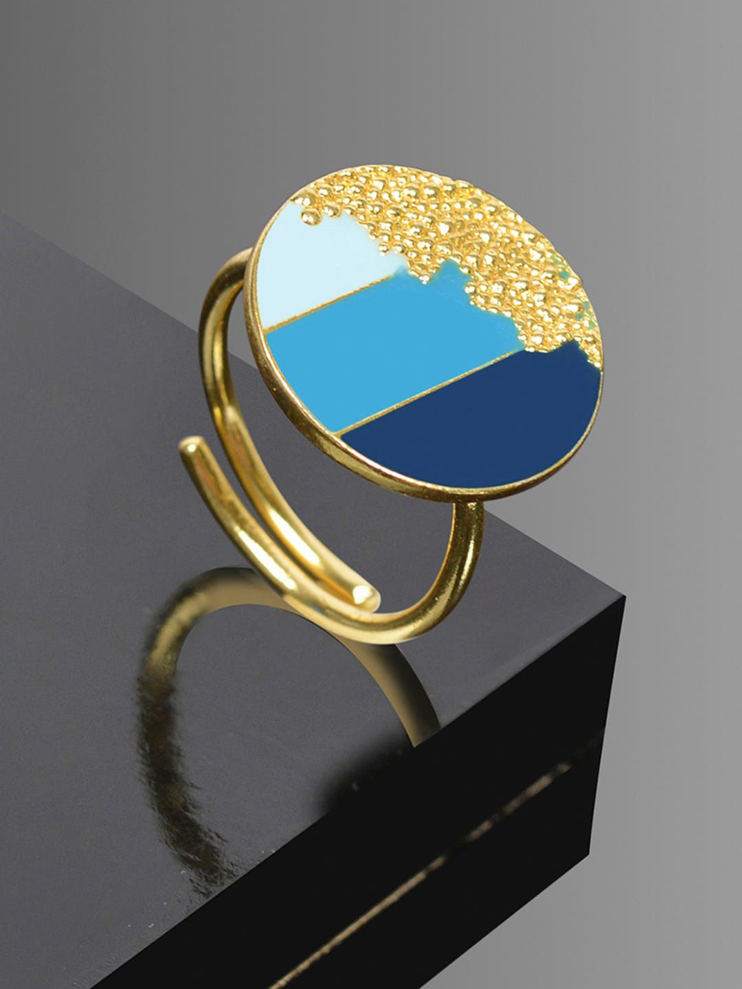 Mikoto by FableStreet Gold-Plated Blue Enamelled Adjustable Finger Ring Price in India