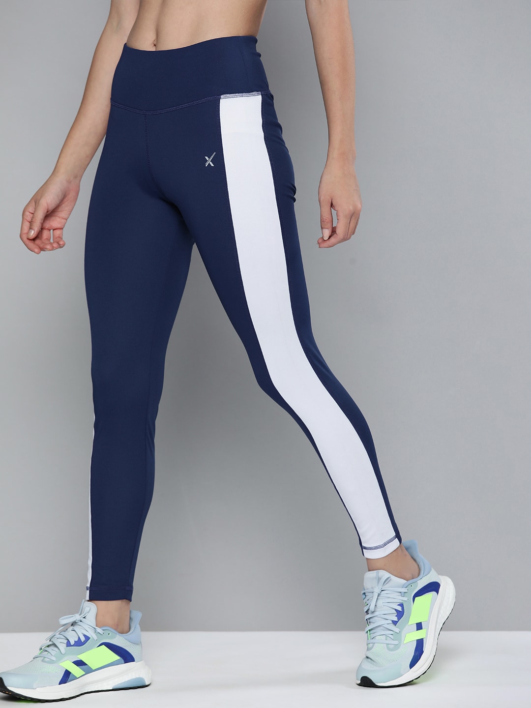 HRX by Hrithik Roshan Women Navy Blue & White Solid Running Tights Price in India