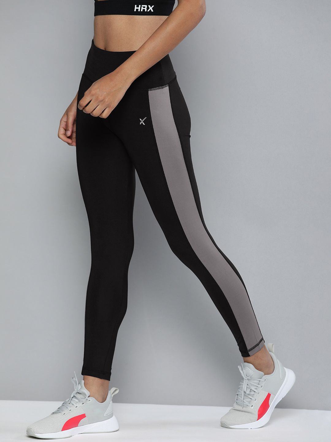 HRX by Hrithik Roshan Women Black & Grey Solid Running Tights Price in India