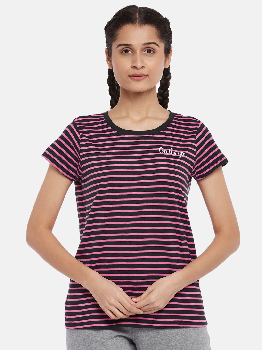 Ajile by Pantaloons Women Black Striped Pure Cotton T-shirt Price in India