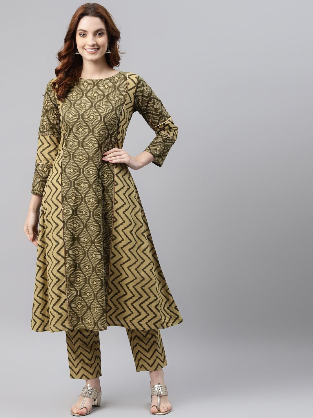 RAJGRANTH Women Olive Green Pure Cotton Floral Printed Kurta with Trousers Price in India