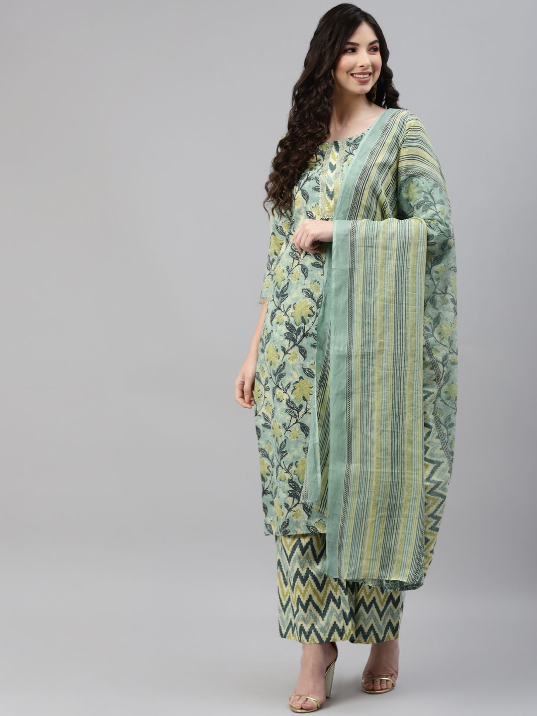 RAJGRANTH Women Turquoise Blue Floral Printed Pure Cotton Kurta with Palazzos & With Dupatta Price in India