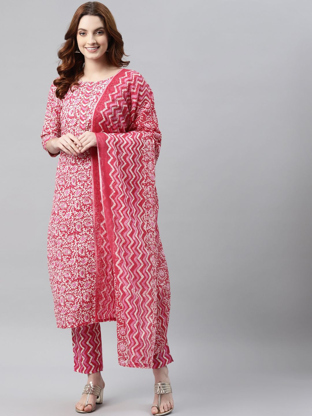 RAJGRANTH Women Pink Ethnic Motifs Printed Pure Cotton Kurta with Trousers & Dupatta Price in India