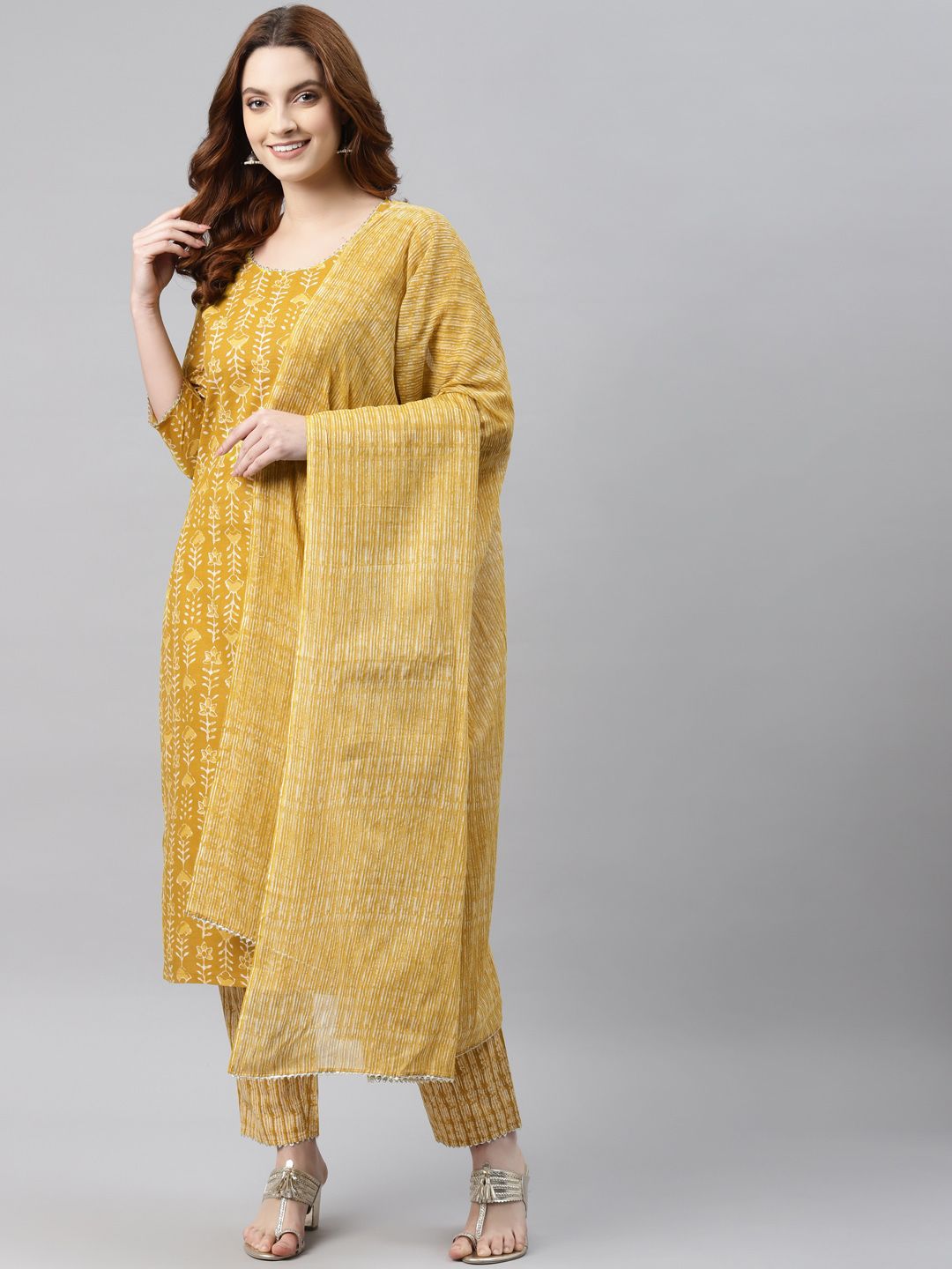 RAJGRANTH Women Mustard Yellow Printed Pure Cotton Kurta with Trousers & Dupatta Price in India