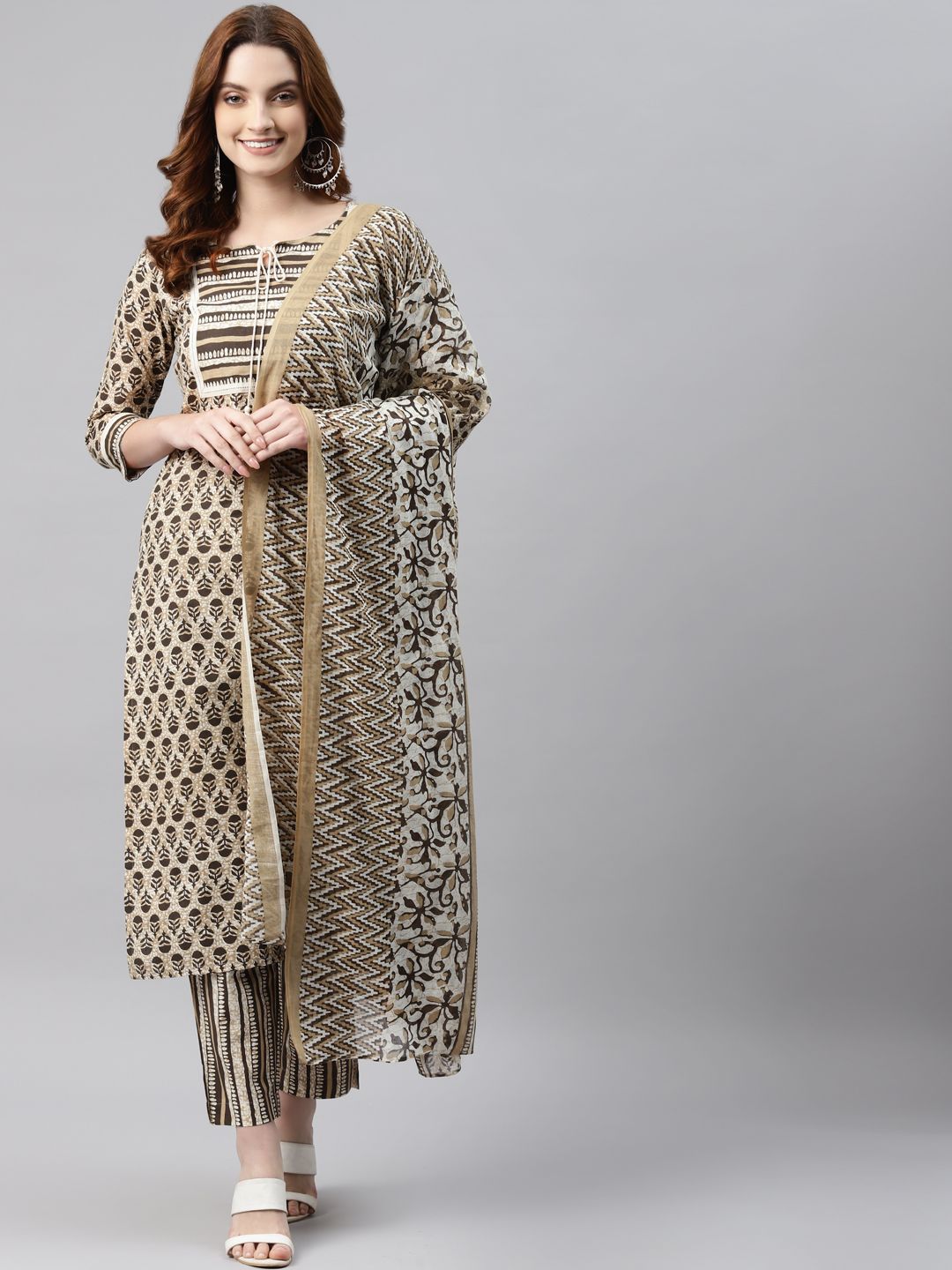 RAJGRANTH Women Beige Ethnic Motifs Printed Pure Cotton Kurta with Trousers & Dupatta Price in India