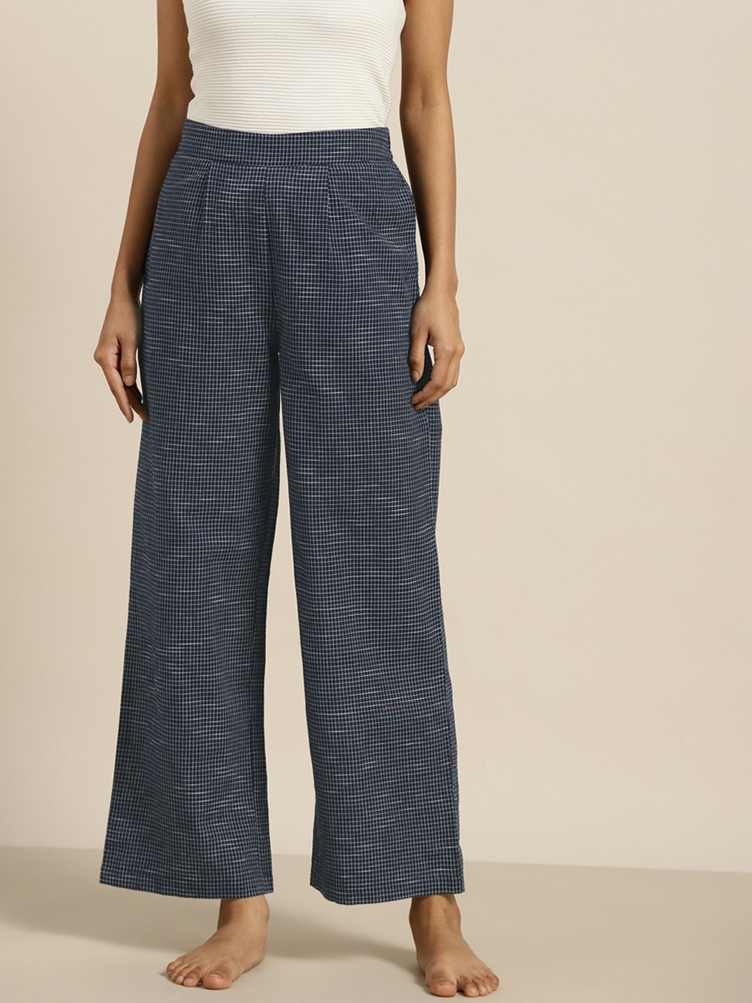 Sangria Women Navy Blue & Off-White Checked Cotton Lounge Pants Price in India