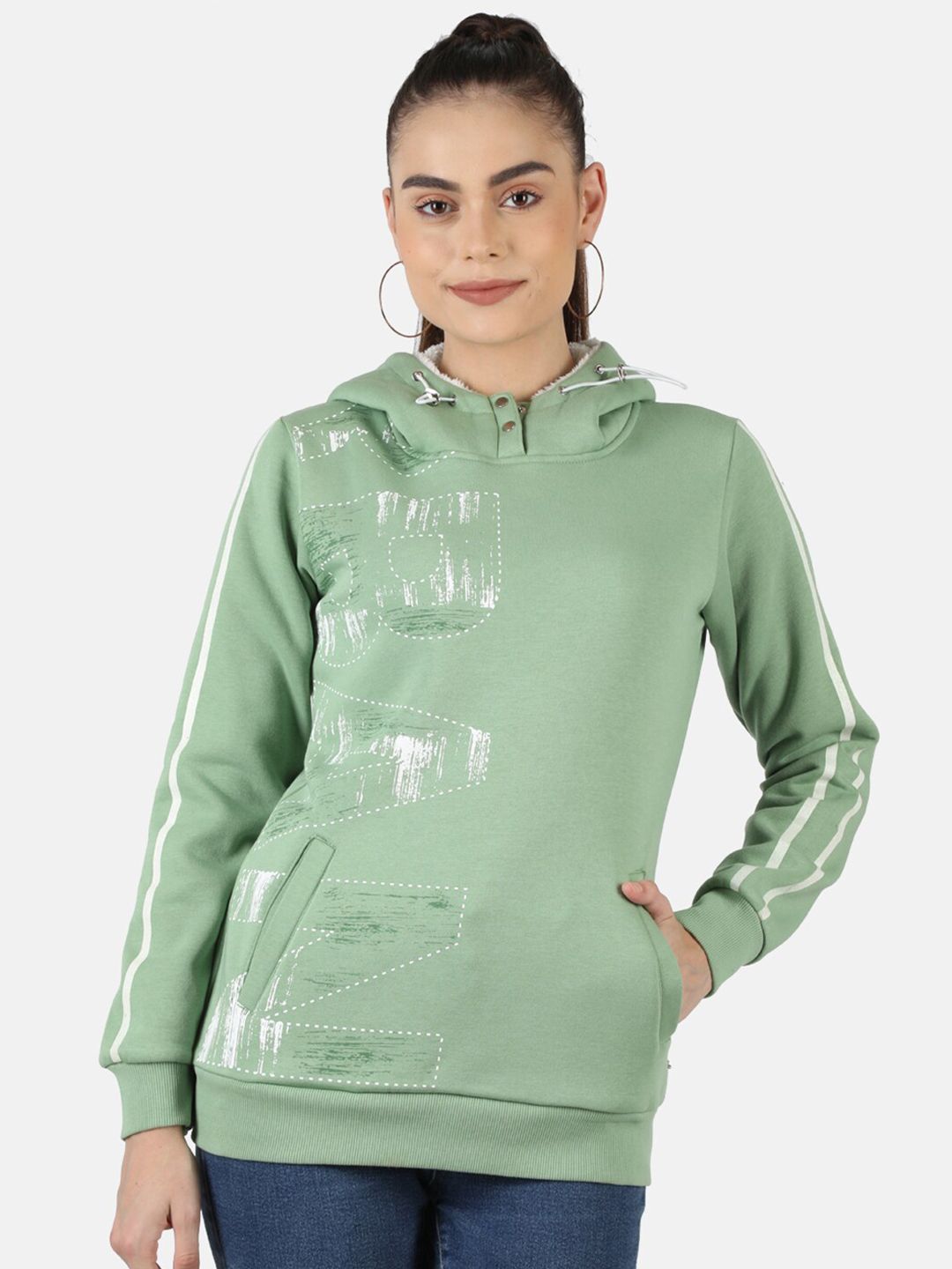 Monte Carlo Women Sage Green Printed Hooded Sweatshirt Price in India