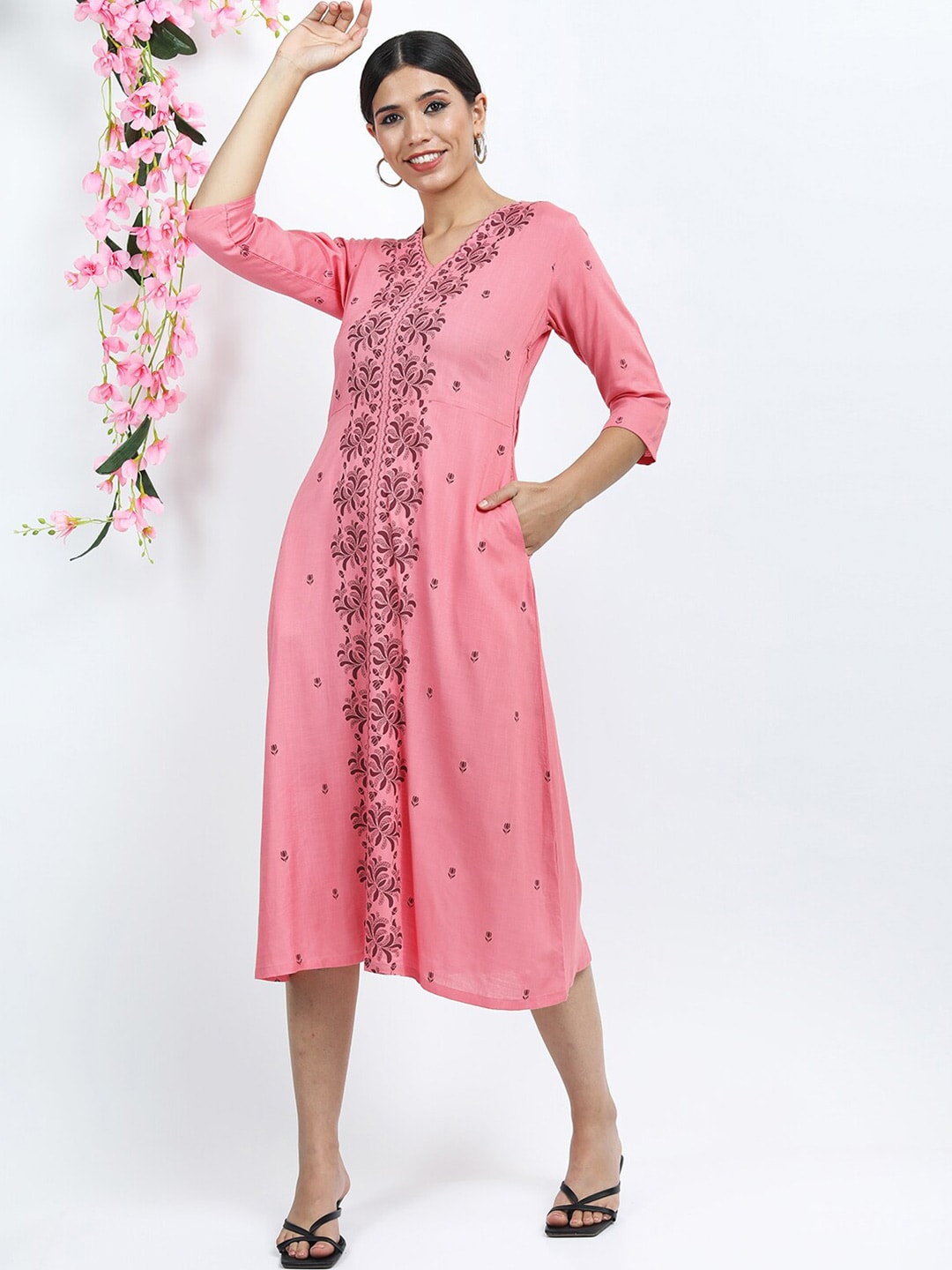 Vishudh Pink Floral Ethnic A-Line Midi Dress Price in India