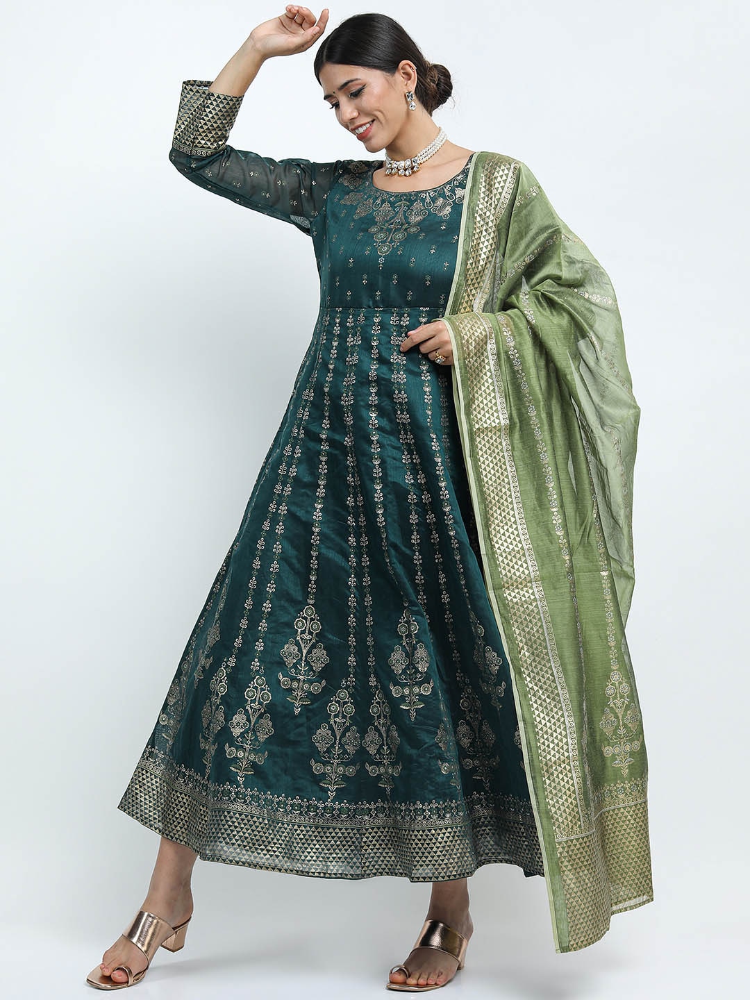 Vishudh Women Green Ethnic Motifs Ethnic Anarkali Dress With Dupatta Price in India