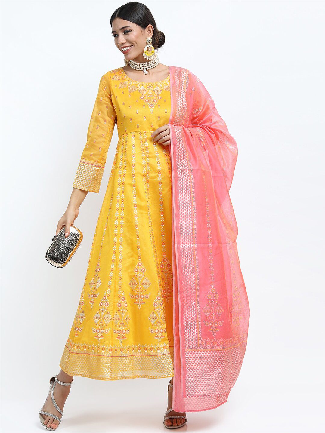 Vishudh Yellow Ethnic Motifs Printed Maxi Anarkali Dress With Dupatta Price in India