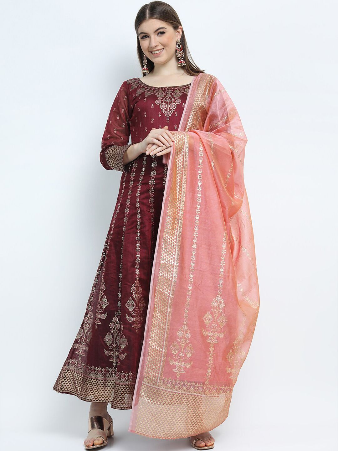 Vishudh Maroon Ethnic Motifs Ethnic Maxi Dress with Dupatta Price in India