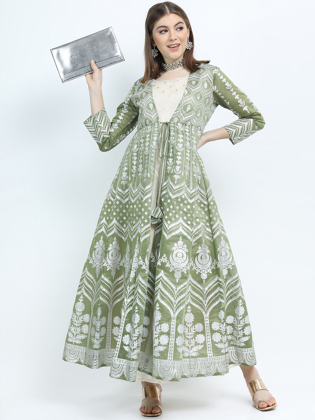 Vishudh Green Ethnic Motifs Ethnic Maxi Dress with Jacket Price in India