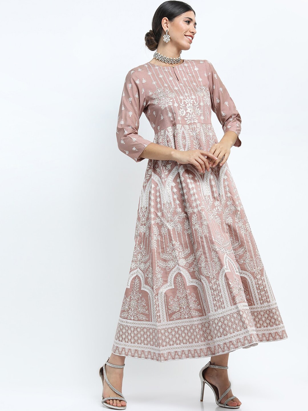 Vishudh Pink Ethnic Motifs Keyhole Neck Ethnic Maxi Dress Price in India