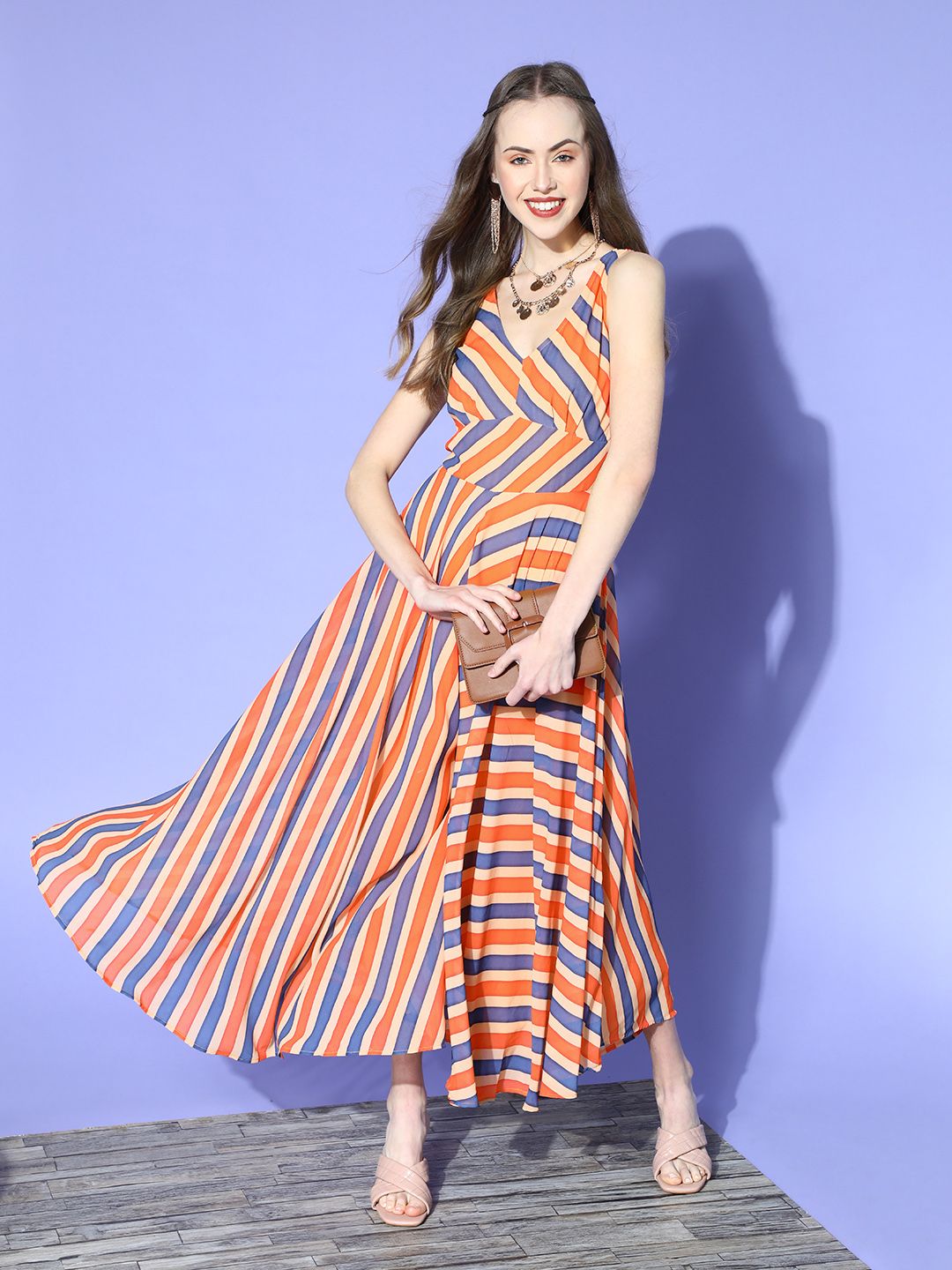 anayna Women Bright Orange Striped Swirling Volume Jumpsuit Price in India