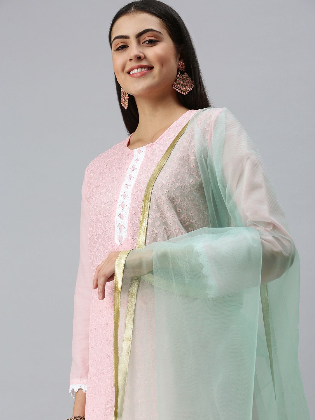 flaher Women Sea Green Gotta Patti Net Dupatta Price in India