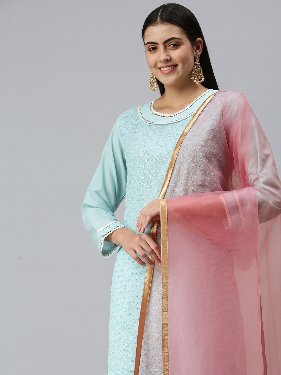 flaher Women Pink Gotta Patti Net Dupatta Price in India