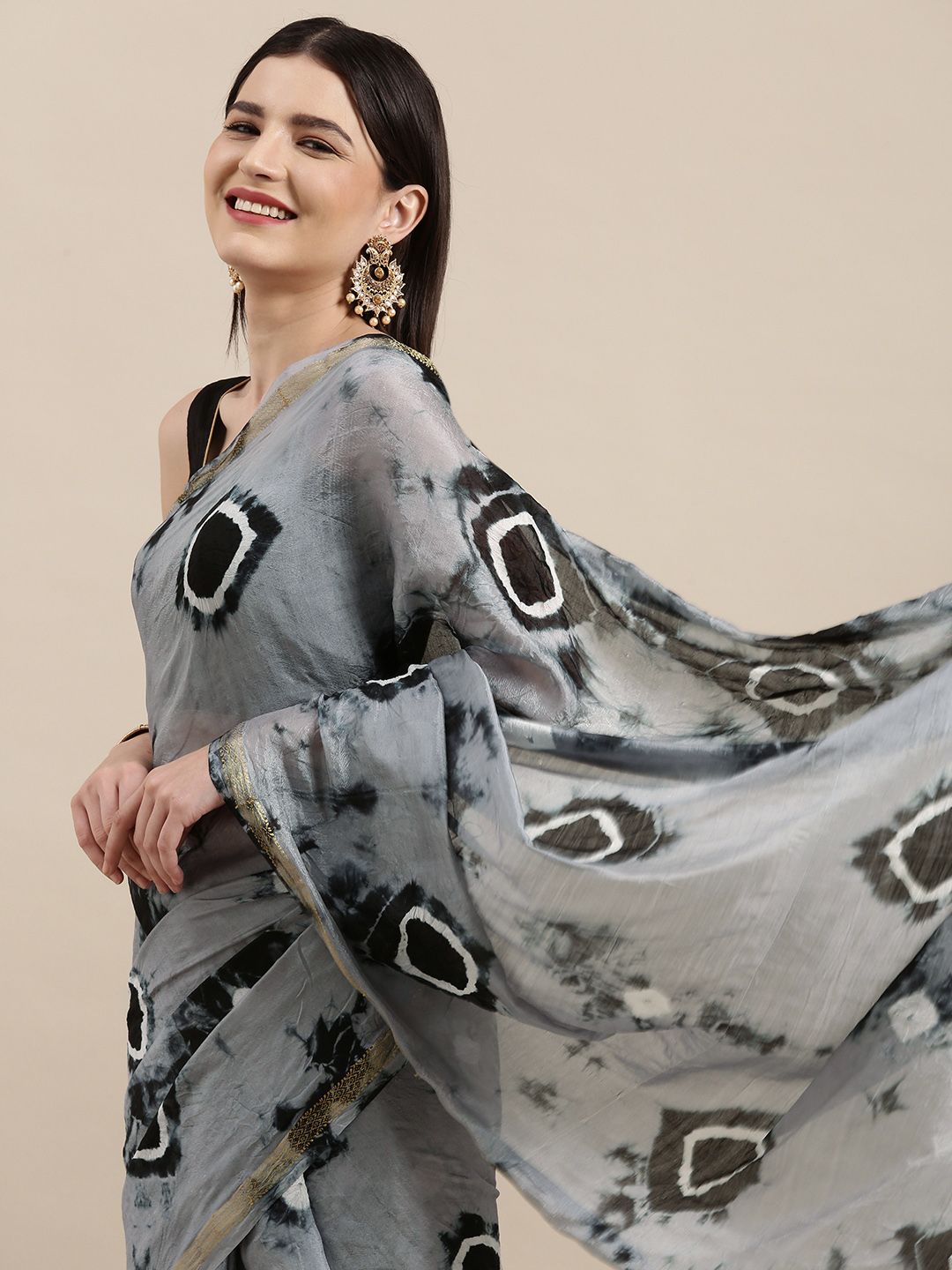 KALINI Grey & Black Tie and Dye Zari Art Silk Bandhani Saree Price in India