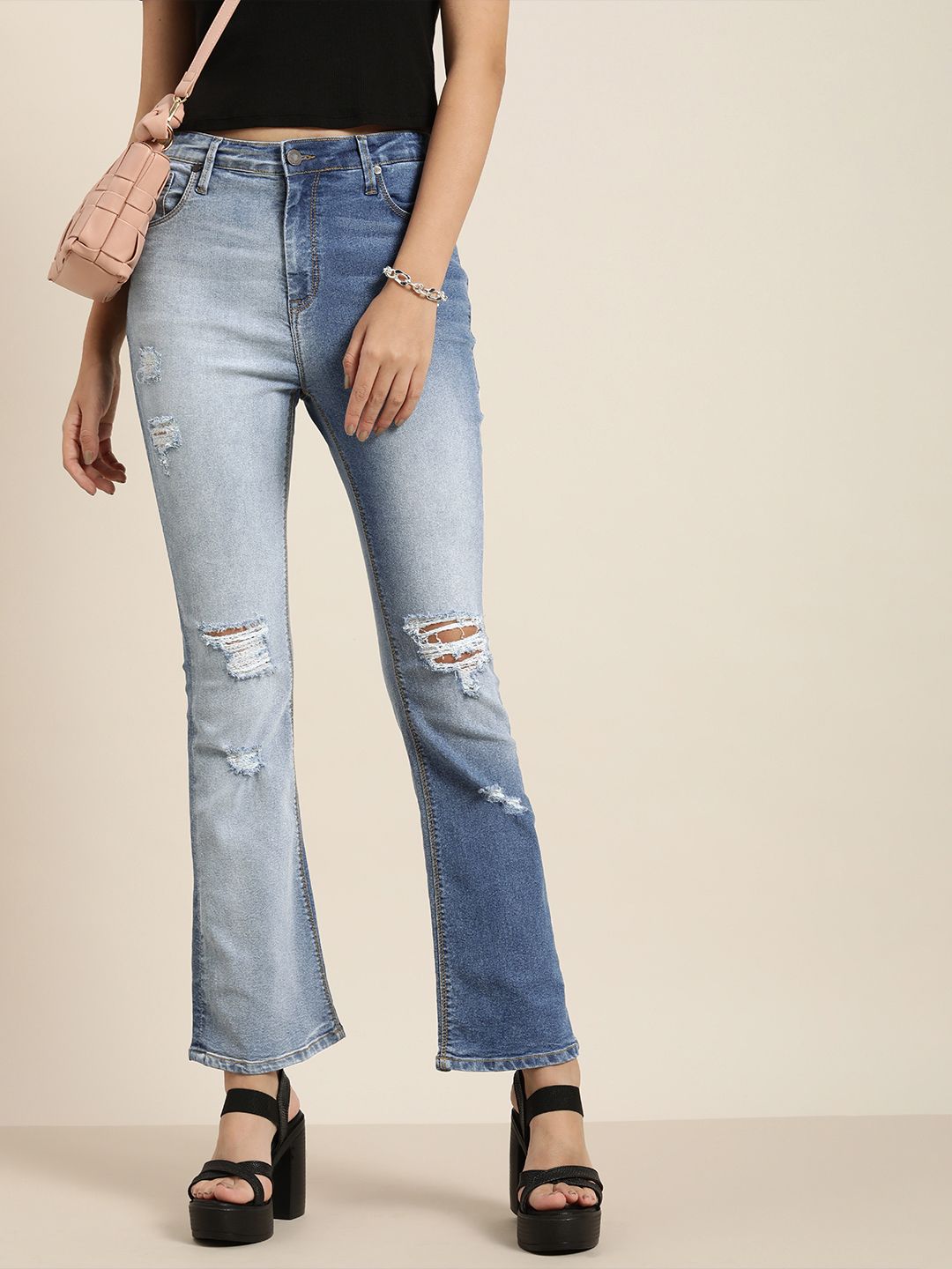 Moda Rapido Women Blue Bootcut High-Rise Mildly Distressed Heavy Fade Colourblocked Stretchable Jeans Price in India