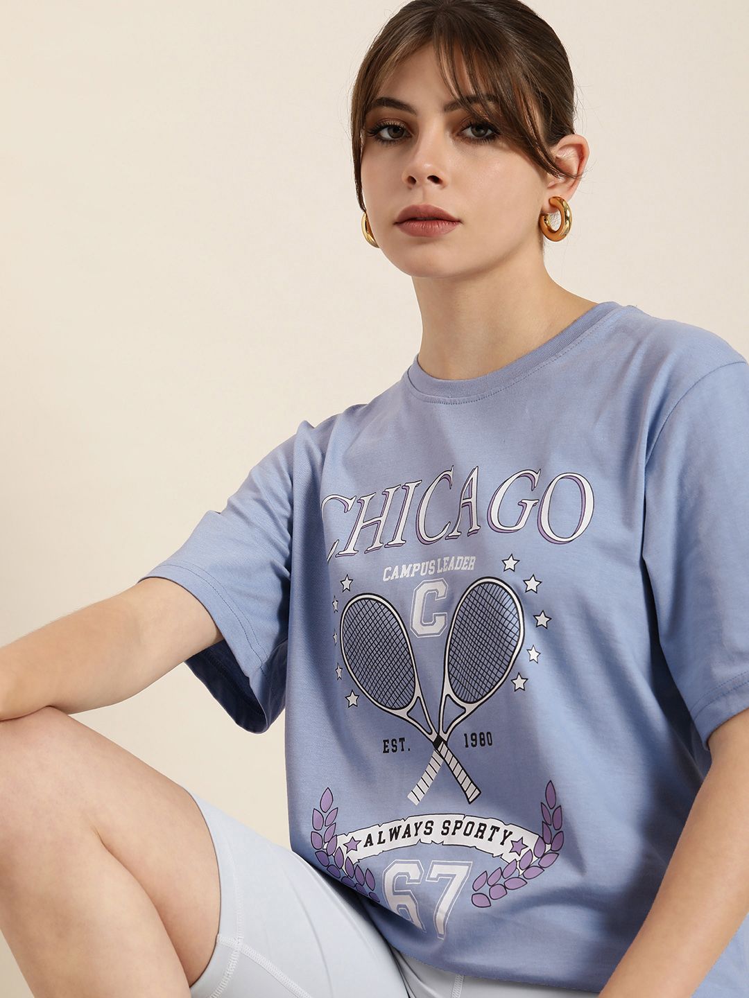 DILLINGER Women Blue Printed Pure Cotton Loose Graphic Oversized T-Shirt Price in India