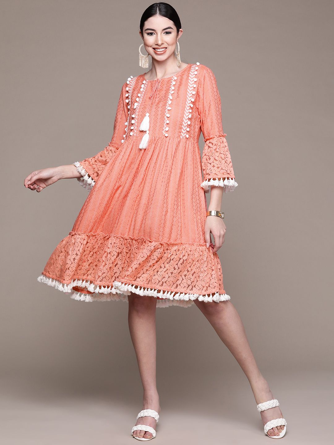 Ishin Peach-Coloured Embroidered Tasseled Laced Midi Dress Price in India