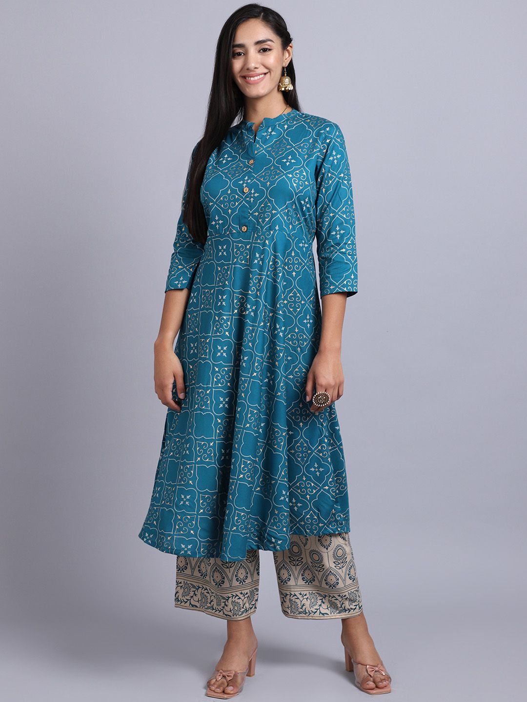 ANAISA Women Blue & Gold-Toned Ethnic Motifs Print Kurta with Palazzos Price in India