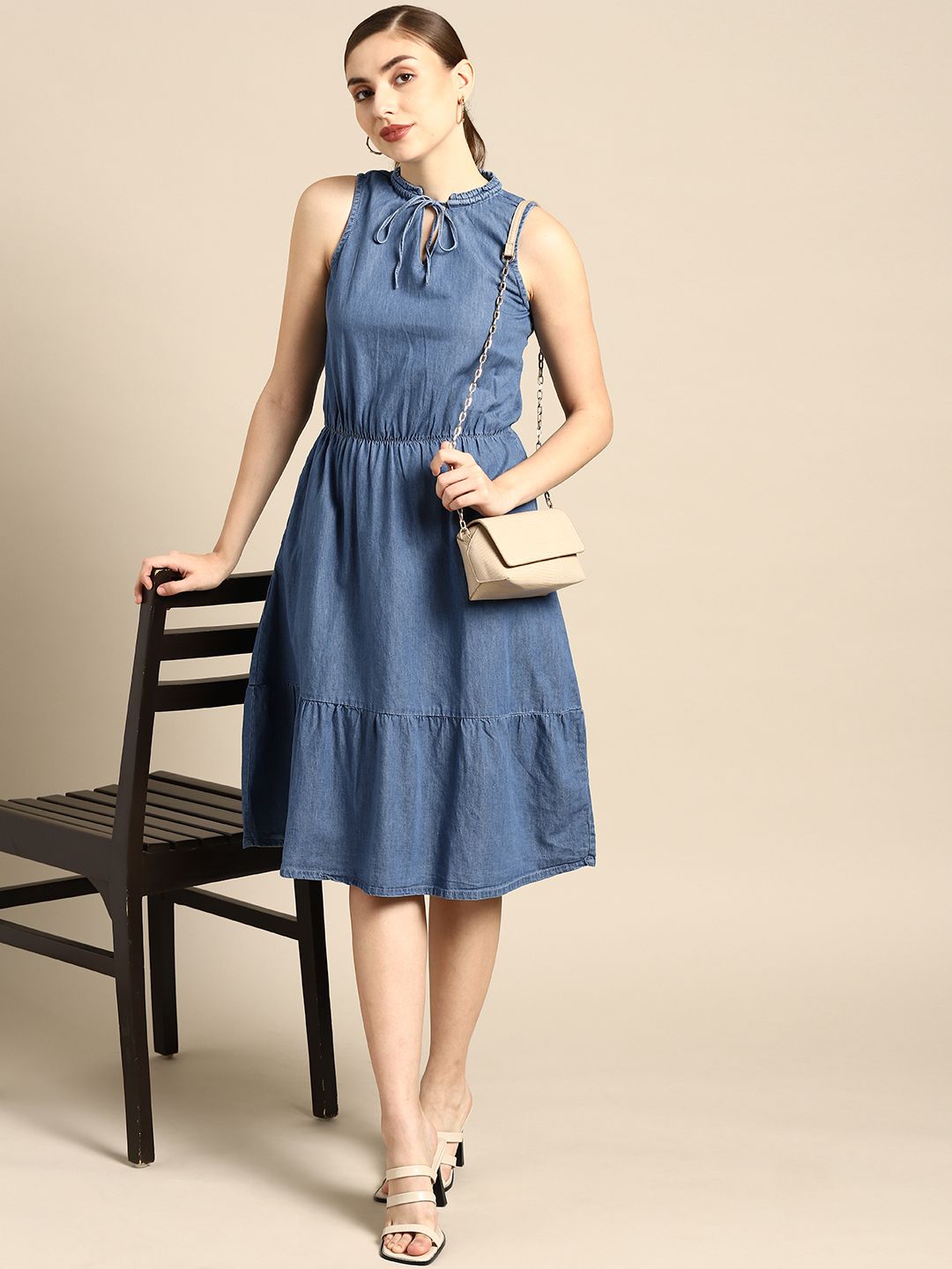 all about you Blue Pure Cotton Denim Tie-Up Neck  A-Line Midi Dress Price in India