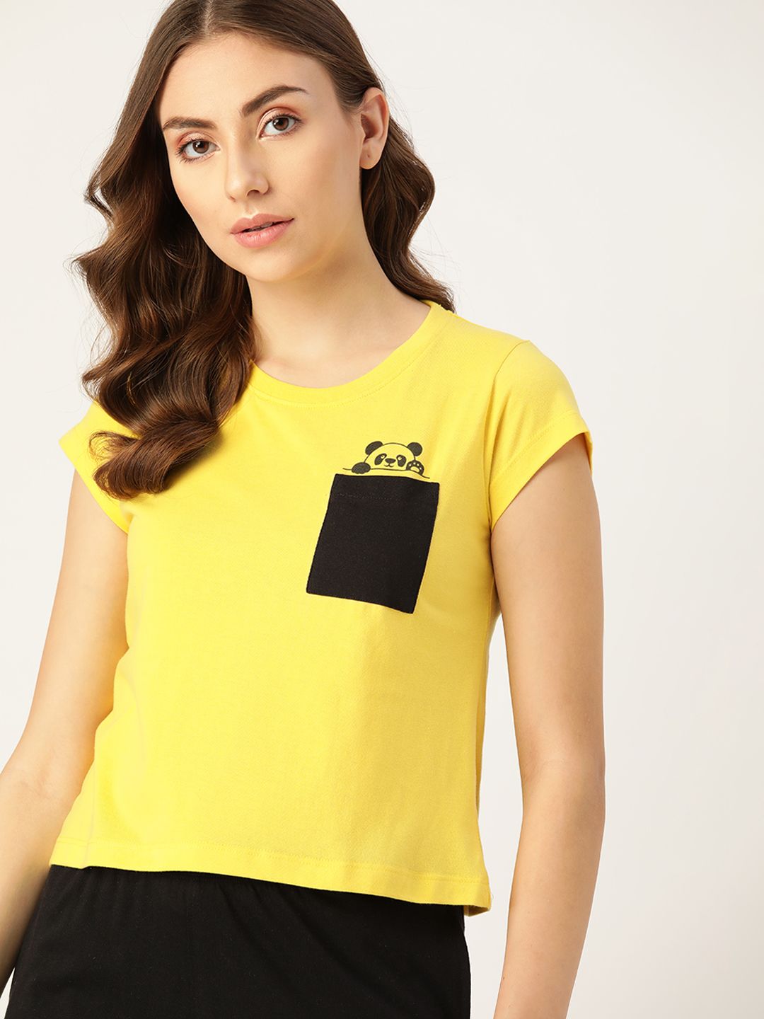 DressBerry Women Yellow & Black Graphic Printed Lounge T-shirt Price in India