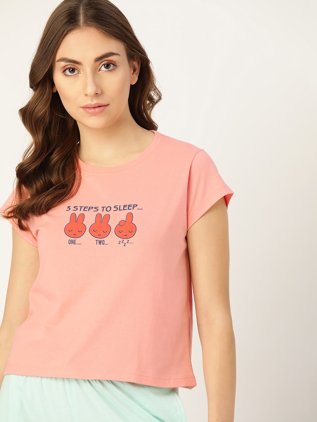 DressBerry Women Peach & Coral Graphic Printed Lounge T-shirts Price in India