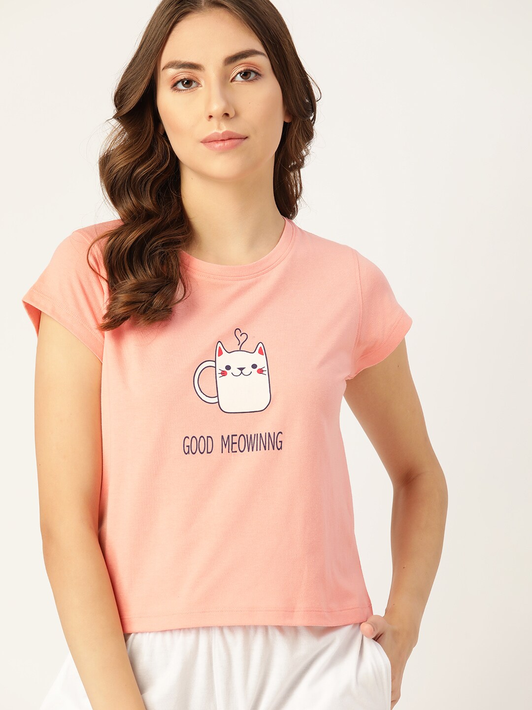 DressBerry Women Peach & White Graphic Printed Lounge T-shirts Price in India