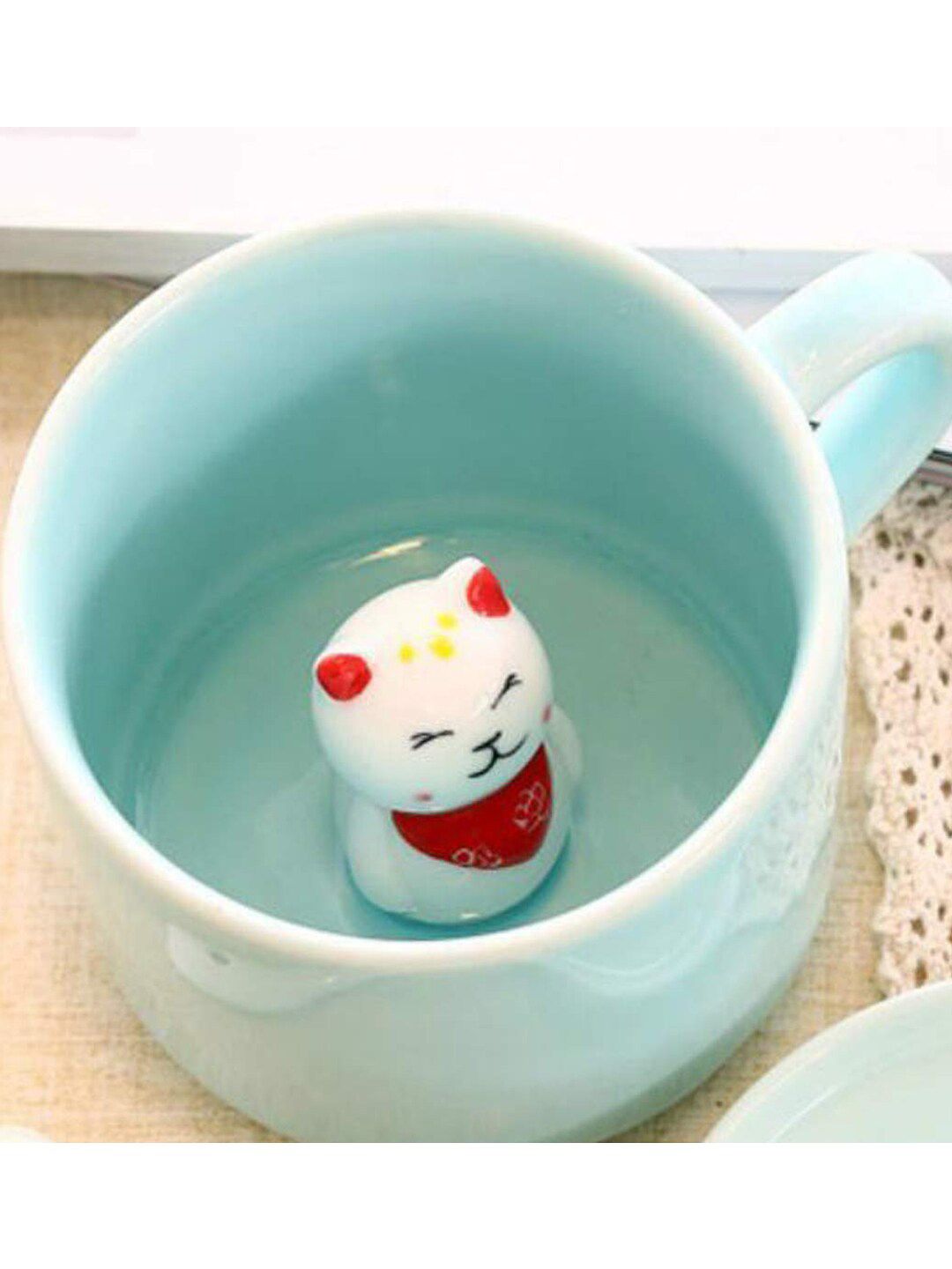 BonZeaL Teal & White Handcrafted Solid Inside Cat Kitty Ceramic Glossy Cups Price in India