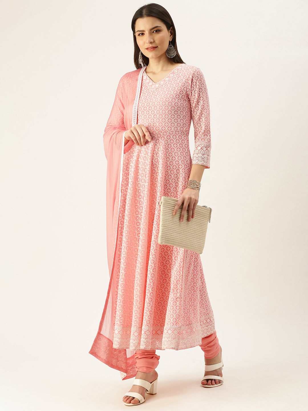 SWAGG INDIA Women Peach-Coloured Ethnic Motifs Chikankari Kurta with Churidar & Dupatta Price in India