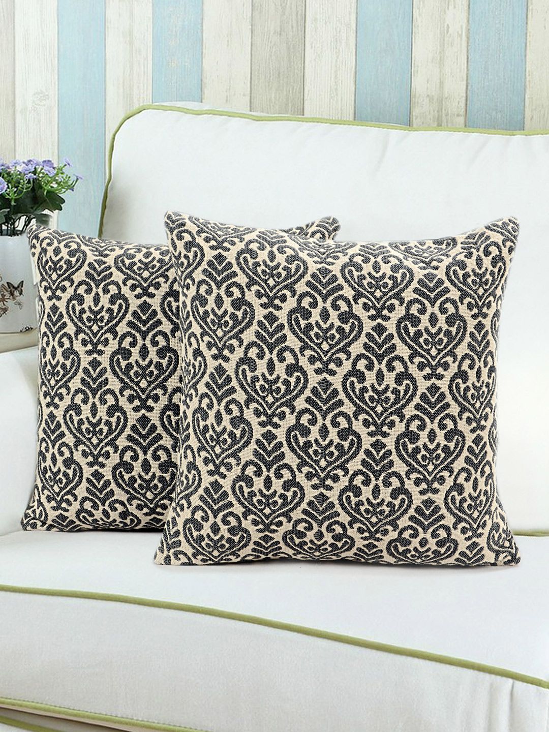 Saral Home Charcoal Grey Set of 2 Patterned 16" x 16" Square Cushion Covers Price in India