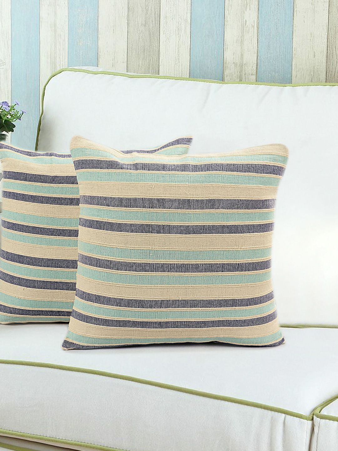 Saral Home Beige & Navy Set of 2 Striped 16'' x 16'' Square Cushion Cover Price in India