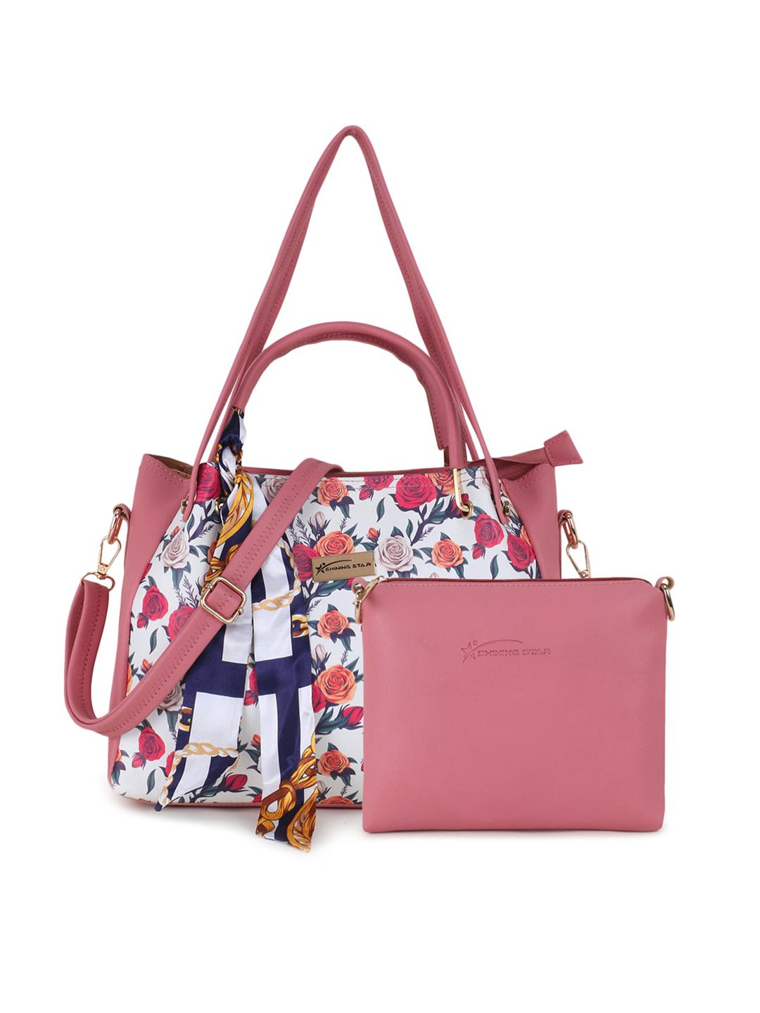 SHINING STAR Peach-Coloured Floral Printed PU Shopper Shoulder Bag Price in India