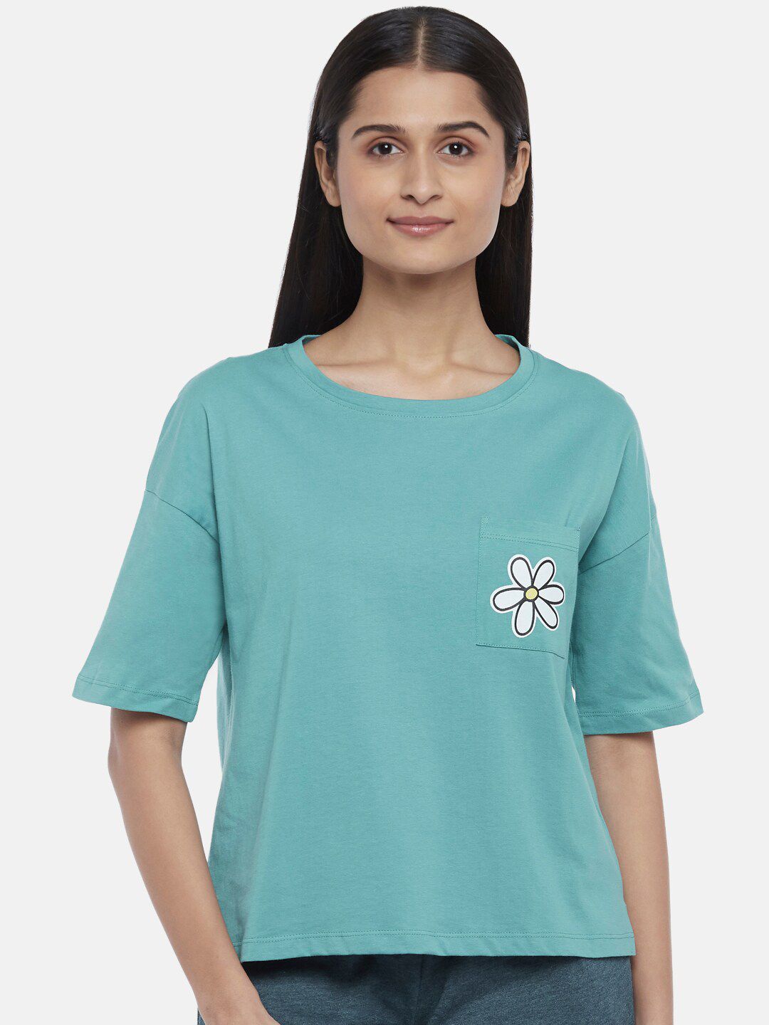 Dreamz by Pantaloons Turquoise Blue Pure Cotton Lounge tshirt Price in India