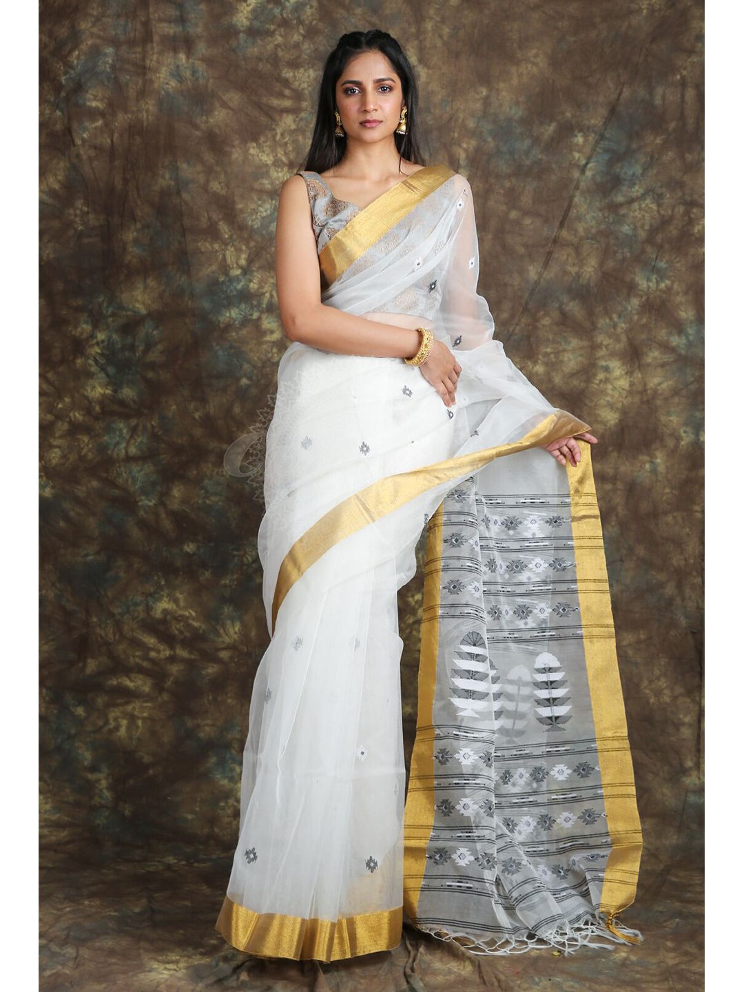 Charukriti White & Gold Woven Design Pure Silk Jamdani Saree Price in India