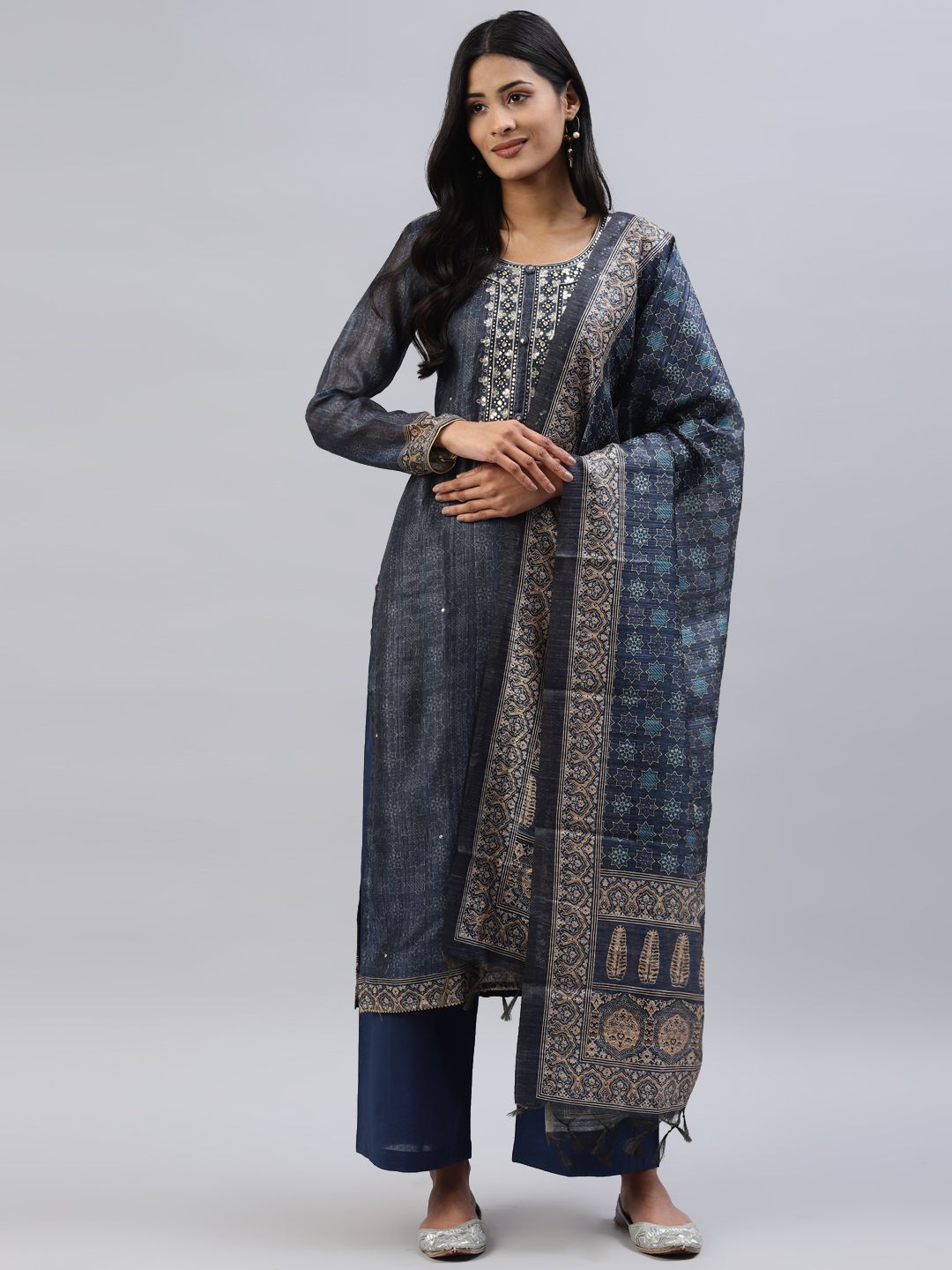 Readiprint Fashions Women Navy Blue & Off White Embellished Unstitched Dress Material Price in India